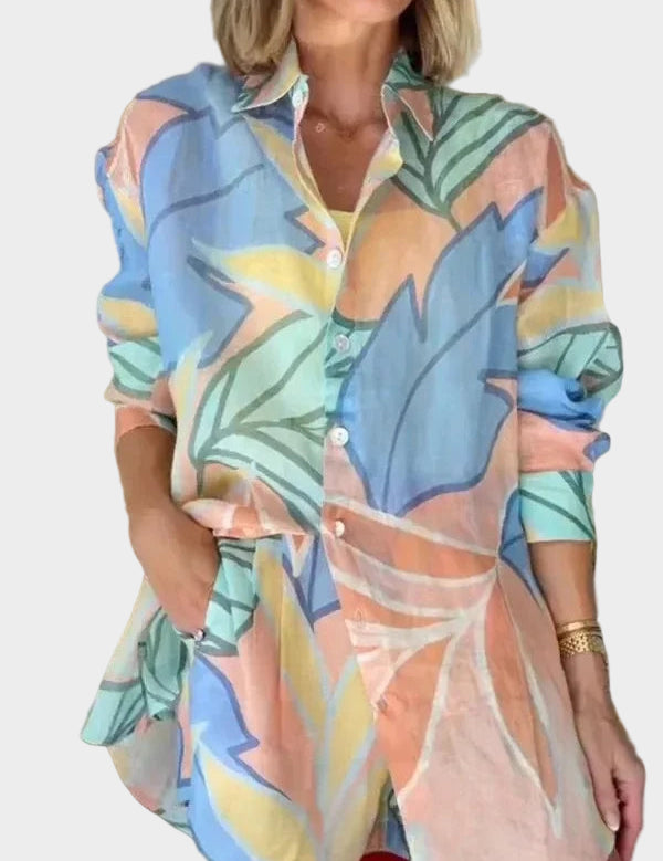 Amalia lina komplekts ar garām piedurknēm kreklu un brīva piegriezuma svārkiem