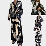 Valērijas apdrukas komplekts ar krekla apkakles blūzi un taisna piegriezuma biksēm